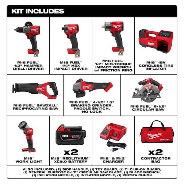 M18 FUEL 18V Lith-Ion Brushless Cordless Combo Kit w/ Two 5.0 Ah Batteries, 1 Charger, 2 Tool Bags (7-Tool) w/ Inflator