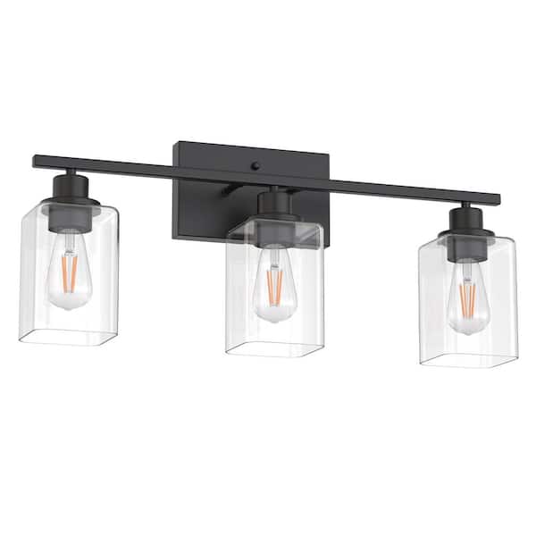 24 in. 3-Light Matte Black Industrial Bathroom Vanity Light with Clear Rectangular Glass Shades Over Mirror