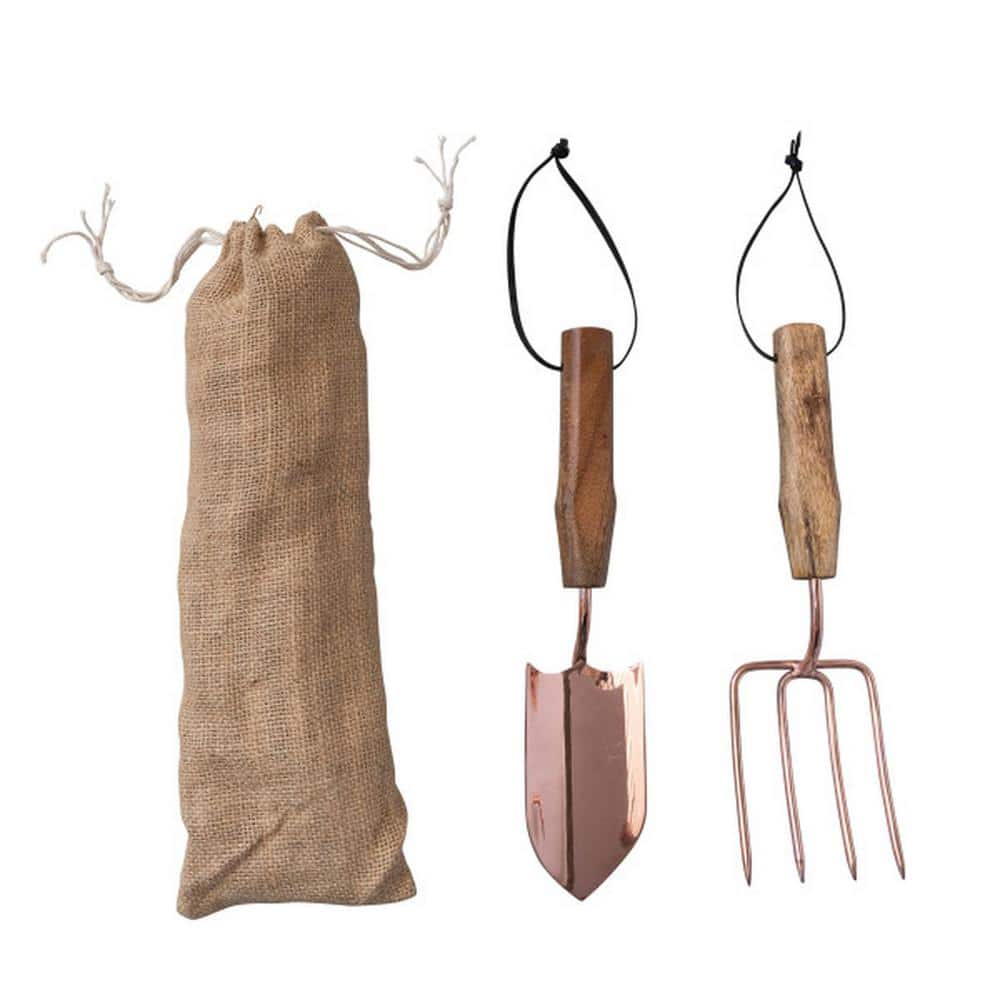 Storied Home 5.30 in. Garden Trowel and Fork with Wood Handles in Drawstring Bag DF7395 The