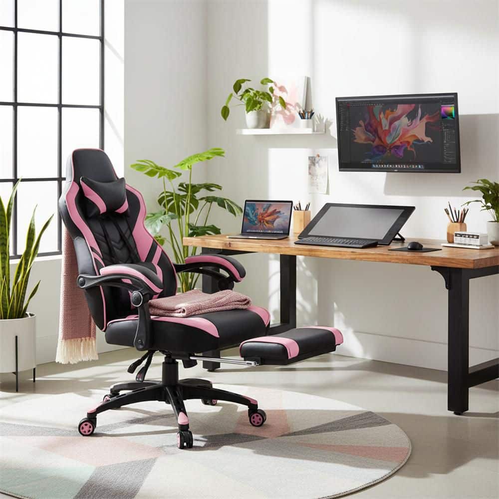 Faux Leather Computer Gaming Chair, Executive Swivel Chair in Pink w/ Adjustable Height, Footrest and Headrest