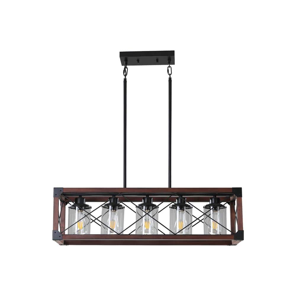 5-Light Walnut Rectangular Farmhouse Chandelier Fixture for Kitchen Island 