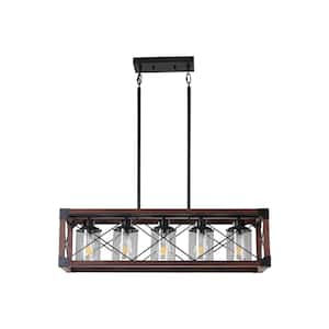 5-Light Walnut Rectangular Farmhouse Chandelier Fixture for Kitchen Island Dining Room with Solid Wood Frame
