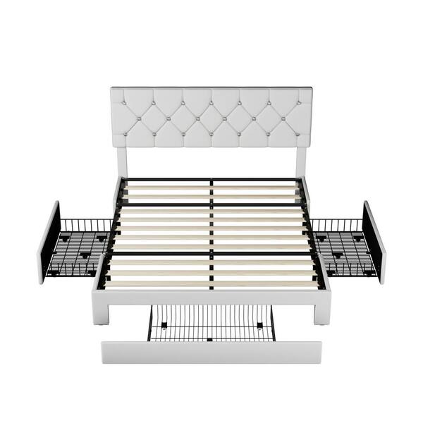 VECELO Upholstered Bed with Storage 3-Drawers, White Metal