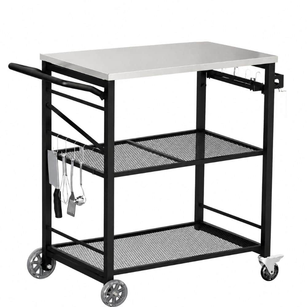 Folding 3-Shelf Rolling Grill Cart with 27 x 18 in Stainless Steel Top, Pizza Oven Stand for BBQ Patio Camping