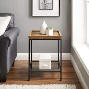 18 in. Rustic Oak Square Wood Side Table with Lower Mesh Shelf