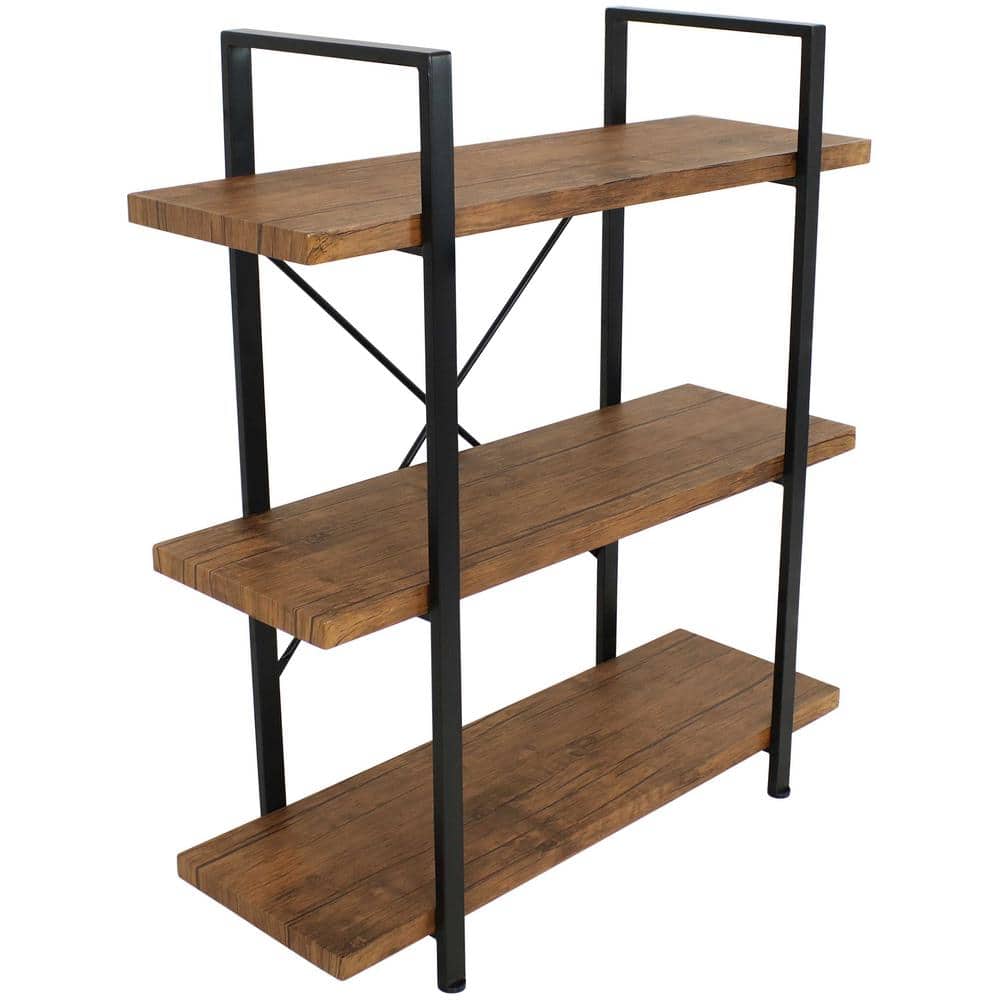 Sunnydaze 3 Shelf Industrial Style Freestanding Etagere Bookshelf with Wood Veneer Shelves - Teak Veneer
