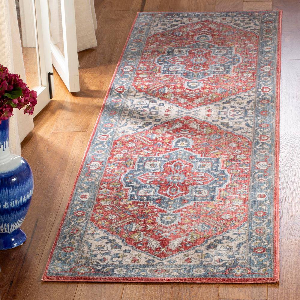 Vintage Red and Blue Floral Synthetic Runner Rug