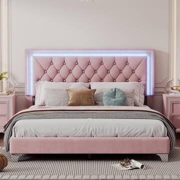 Harper & Bright Designs Pink Wood Frame Queen Size Velvet Upholstered Platform Bed with Tufted Headboard and LED Lights LHC051AAH