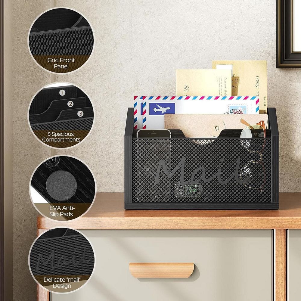 7.3 in. x 11.4 in. 3-Slot Wooden Mail Organizer-Black Desk File