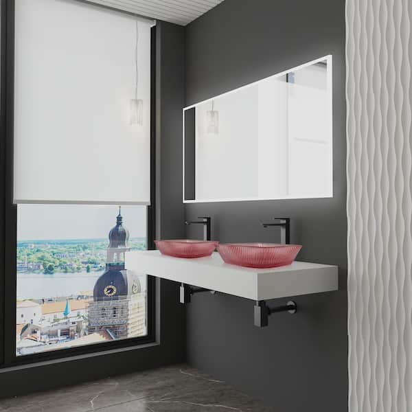 60 in. Wall Mounted Bathroom Countertop Shelf in White Solid Surface with 2 Pink Square Glass Vessel Sink