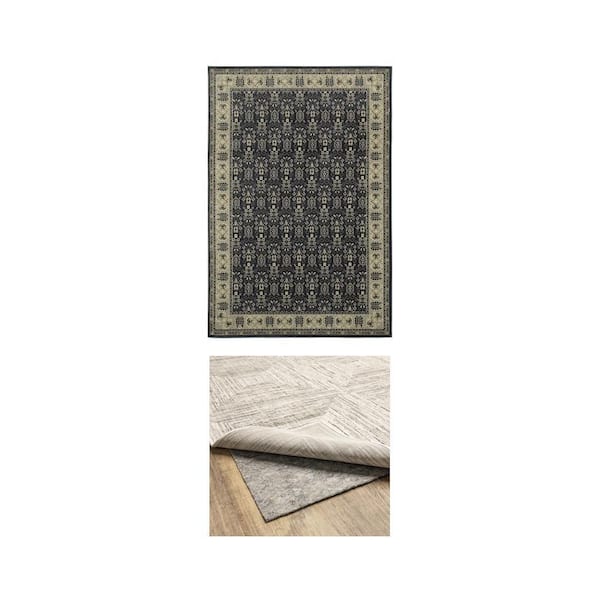 Gianna Indigo 8 ft. x 10 ft. Border Area Rug and Complete Gray 7 ft. x 9 ft. Non-Slip Rug Pad Combo