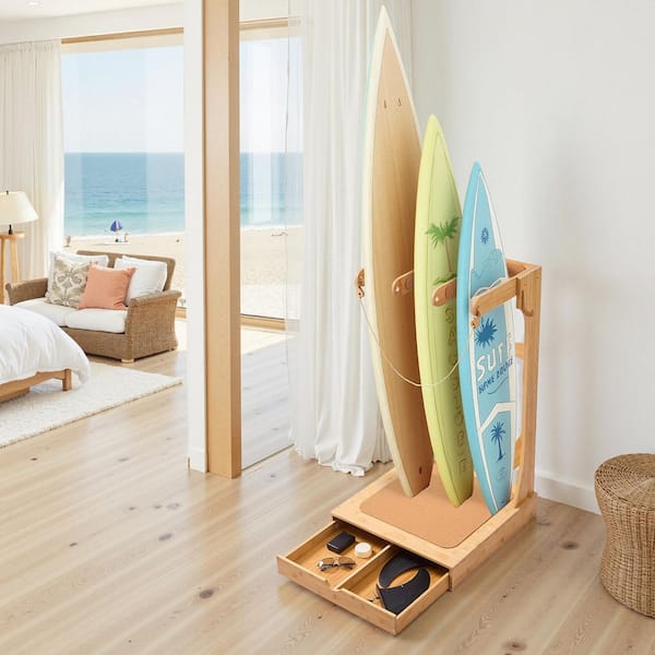 SKYSHALO Vertical Surfboard Stand, 3 Tiers Wooden Surfboard Rack