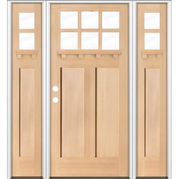 Krosswood Doors 64 in. x 80 in. Craftsman 6-Lite Clear Glass Right-Hand Unfinished Hemlock Wood Prehung Front Door w/ DSL and DS