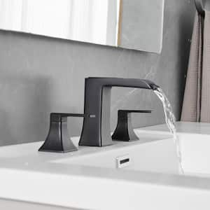 Modern 8 in. Widespread Double Handle Brass Bathroom Faucet with Pop Up Drain and Water Supply Hoses in Matte Black