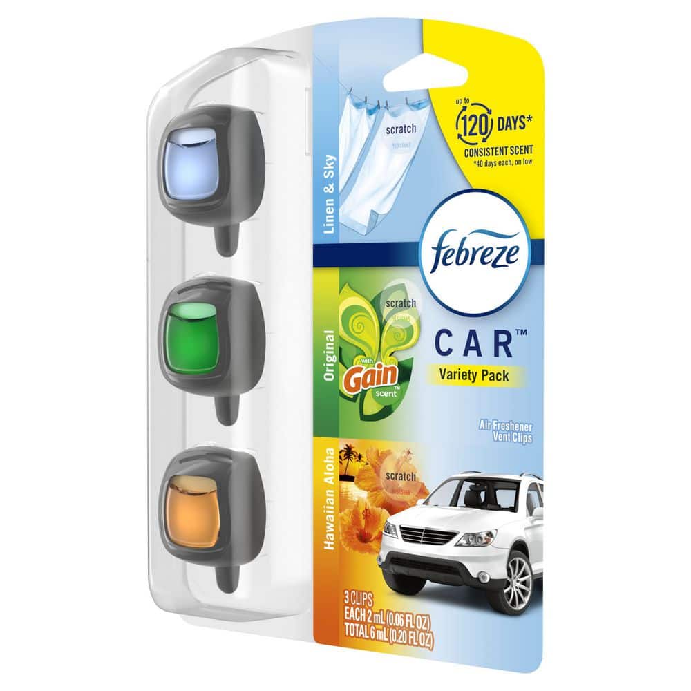 Febreze Car Vent Clip 0.06 oz. Variety, Linen and Sky, Original, Hawaiian  Aloha Scent Automatic Air Freshener Dispenser (3-CNT) 003077205541 - The  Home Depot