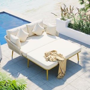 2 Person PE Rattan Wicker Outdoor Patio Chaise Lounge Chair with Woven Nylon Rope Backrest with Washable Beige Cushions