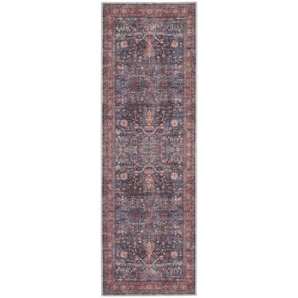 Nourison Machine Washable Brilliance Navy/Brick 2 ft. x 6 ft. Floral Traditional Kitchen Runner Area Rug