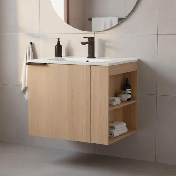 Elmridge 24 in. Single Right Hand Wall Mounted Sand Oak Bath Vanity with White Ceramic Sink Top