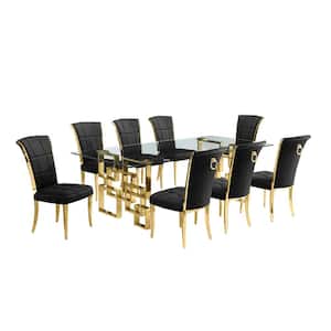 Dominga 9-Piece Rectangular Glass Top Gold Stainless Steel Dining Set with 8 Black Velvet Fabric Gold Chrome Chair