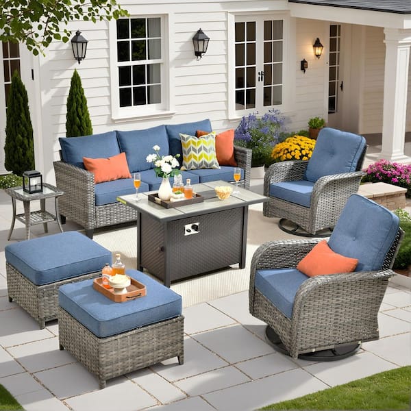 XIZZI Elvira 7-Piece Wicker Patio Rectangular Fire Pit Set with Demin Blue Cushions and Swivel Rocking Chairs