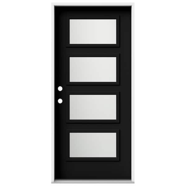 JELD-WEN 36 in. x 80 in. Right-Hand/Inswing 4 Lite Equal Frosted Glass Black Steel Prehung Front Door