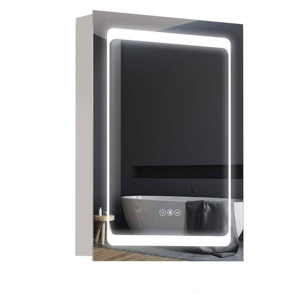 WELLFOR 20 in. W x 28 in. H Rectangular Stainless Steel LED Medicine Cabinet with Mirror in Silver