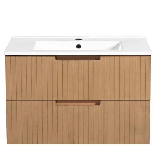 Aoibox 30 in. Floating Bath Vanity Cabinet in Light Brown with White Ceramic Sink Top Combo Set and 2 Large Drawers