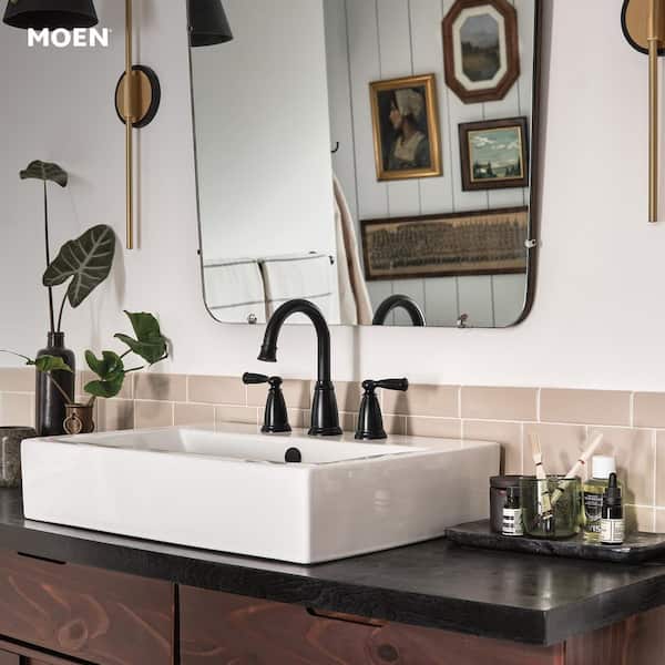 Banbury 8 in. Widespread Double-Handle High-Arc Bathroom Faucet with Drain Kit and Valve Included in Matte Black