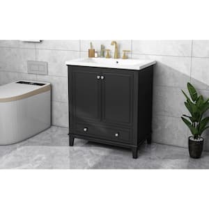 30" Black Freestanding Bath Vanity Cabinet with White Ceramic Single Sink Top Combo