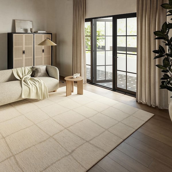 Frenshe Interiors Ivory 4 ft. x 6 ft. Cove Checked Wool Indoor/Outdoor Patio Area Rug