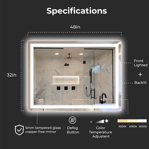 36 in. W x 28 in. H Rectangular Frameless Anti-Fog LED Light Wall Bathroom Vanity Mirror
