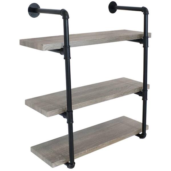 Sunnydaze 34.50 in. Oak Gray Industrial Style 3-Tier Wall Bookshelf - Black Pipe Frame