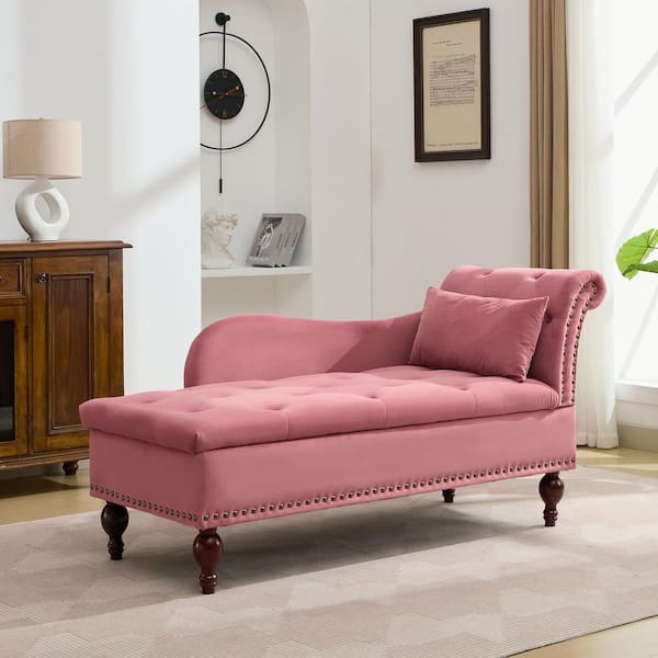 JEAREY Modern Button Tufted Rivets Velvet Upholstered Storage Chaise Lounge Chair with Solid Wood Legs and Lumbar Pillow, Pink