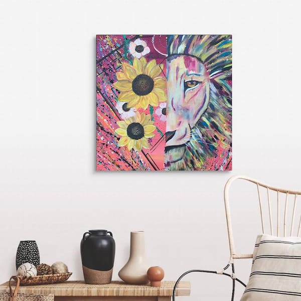 VENICE BEACH Collections Lion Flower Splatter Design by Sarah Wahl 1 Piece Unframed Canvas Drawing Print Abstract Print 14 in. x 14 in.