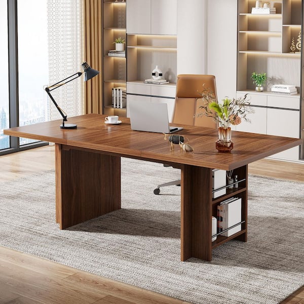 Halseey 63 in. Rectangular Brown Wood Computer Desk with Storage, Modern Executive Desk for Home Office