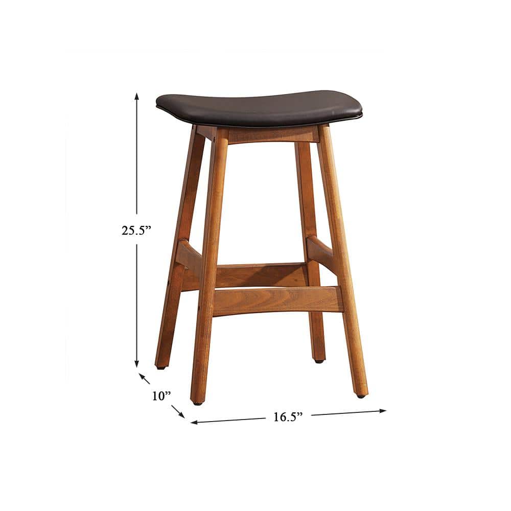 Brown Faux Leather Saddle Counter Stool with Walnut Wood Frame