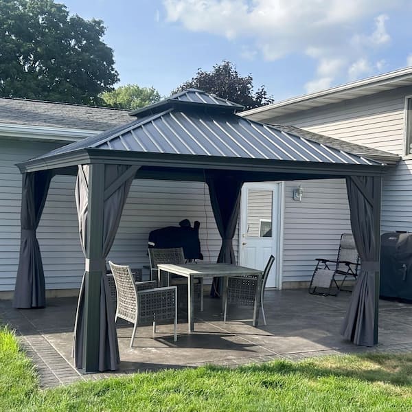 10 ft. x 12 ft. Gray Aluminum Power-Coated Frame Galvanized Steel Double Roof Hardtop Gazebo,Hooks, Netting,Gray Curtain