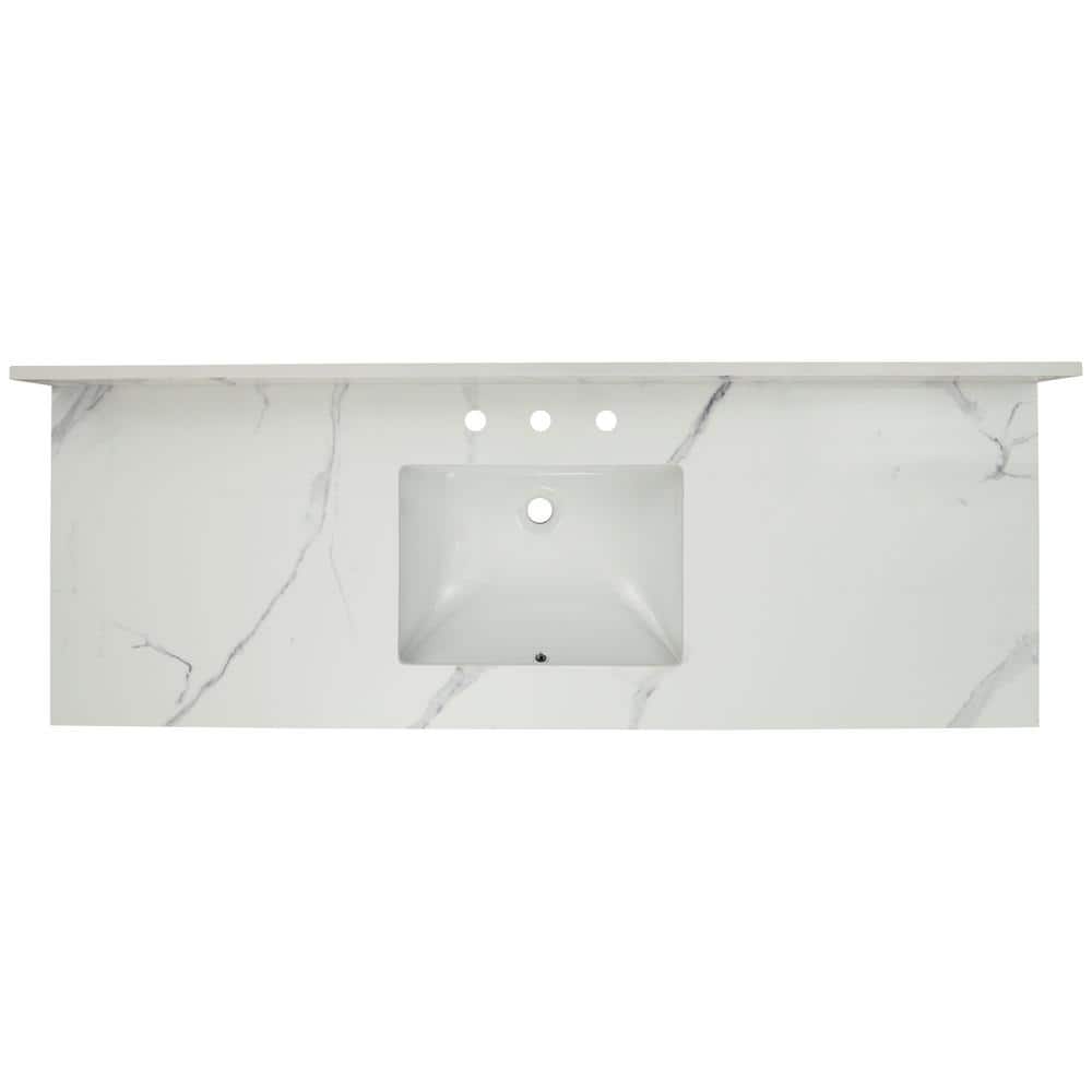 61 in. White Marble Bathroom Vanity Top with Single Sink