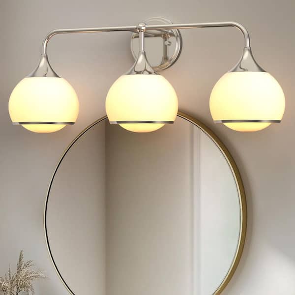 27 in. Modern 3-Light Brushed Nickel Vanity Light with Soft White Glass for Bathroom