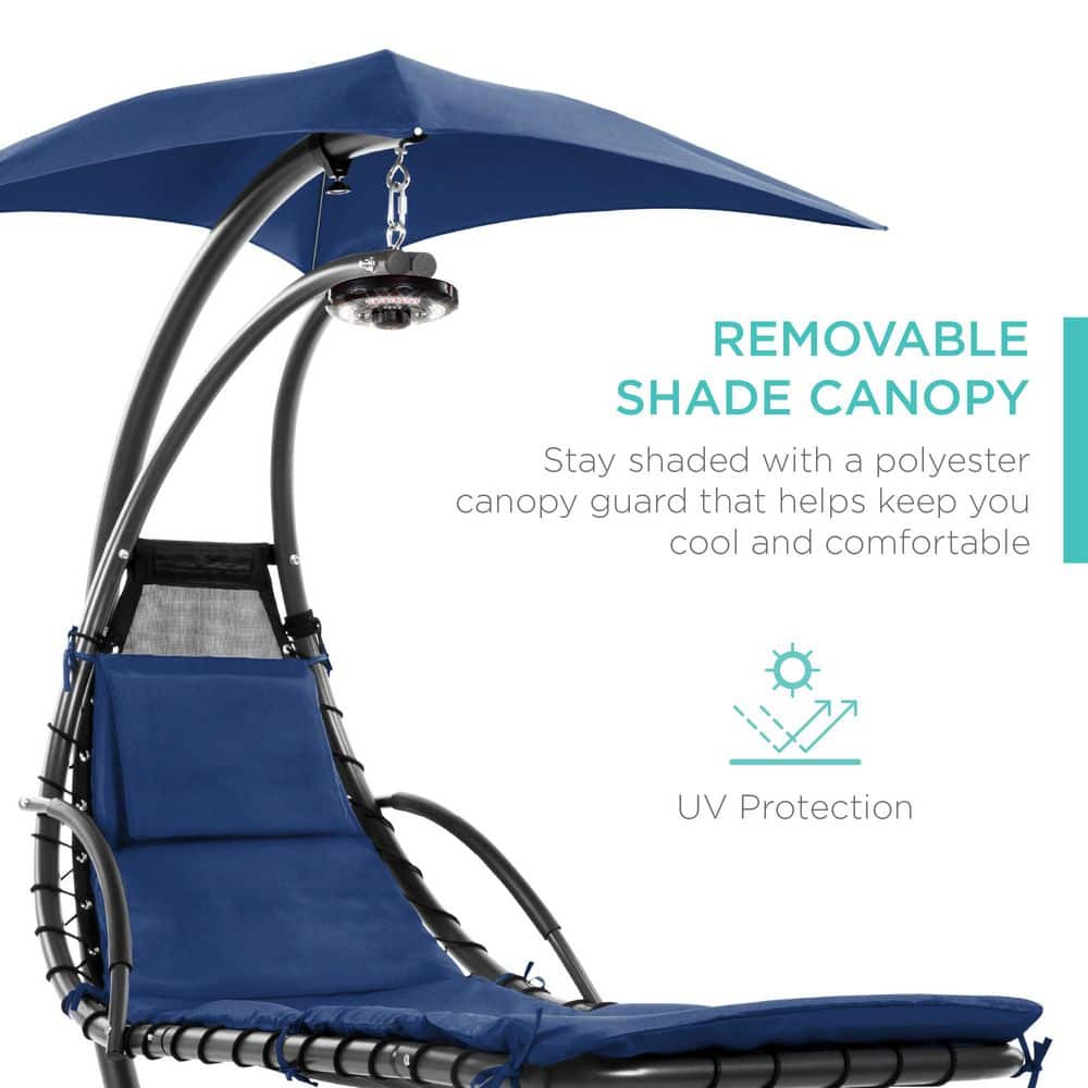 Navy Blue Hanging LED-Lit Curved Chaise Lounge Chair with Canopy
