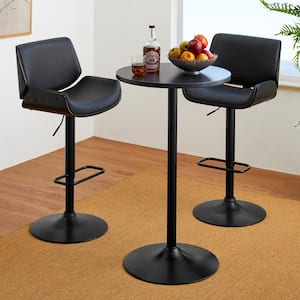 3-Piece Pub Table Set Black Round Bar Table with Charcoal Gray Top and Leatherette Adjustable Height Swivel Bar Stool