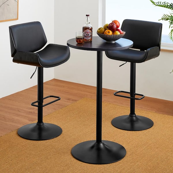 Glitzhome 3-Piece Pub Table Set Black Round Bar Table with Charcoal Gray Top and Leatherette Adjustable Height Swivel Bar Stool