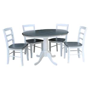 5-Piece Set White / Heather Gray 36 in. Round Extendable Solid Wood Dining Table with 4-Side Chairs