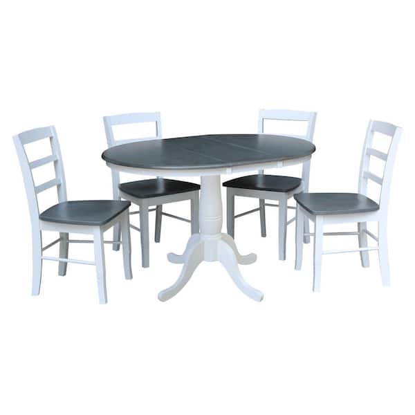 International Concepts 5-Piece Set White / Heather Gray 36 in. Round Extendable Solid Wood Dining Table with 4-Side Chairs