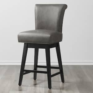 Dennis 26 in. Dark Grey Solid Wood Frame Swivel Counter Height Bar Stool with Back and Faux Leather Seat