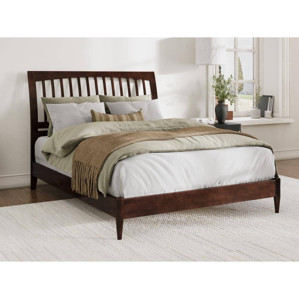 Orleans Queen Walnut Wood Low Profile Sleigh Platform Bed