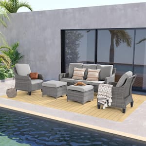 5-Piece Gray Wicker Outdoor Conversation Seating Sofa Set, Linen Grey Cushions with 3-Seater Sofa, Ottomans