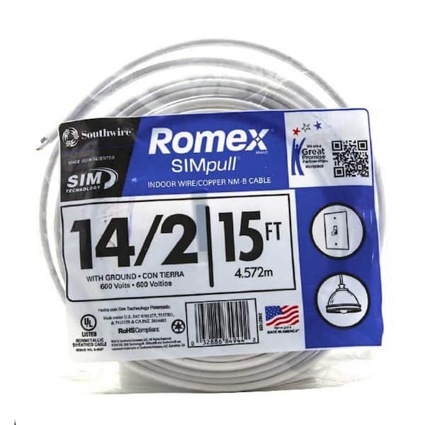 Southwire 15 ft. 14/2 Solid Romex SIMpull CU NM-B W/G Wire 28827426 - The  Home Depot