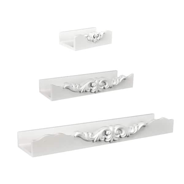 American Art Decor Vintage Ornate 3-Pc Floating Shelf 17.75in W x 3.75in D White MDF Metal Decorative Wall Shelf Motifs
