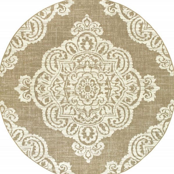 Tan 8 ft. x 8 ft. Loomed Oriental Polypropylene Round Indoor/Outdoor Area Rug